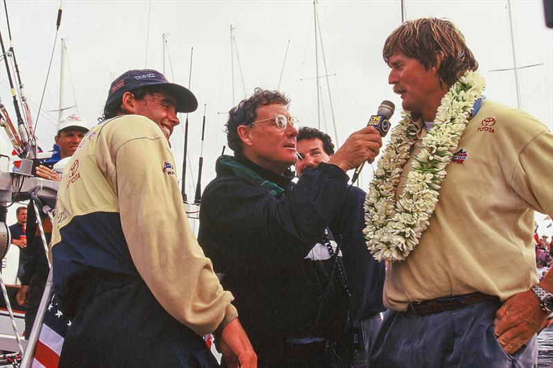 Peter Montgomery interviews Peter Blake with Russell Coutts after the 1995 America's Cup win in San Diego. - photo © Montgomery archives