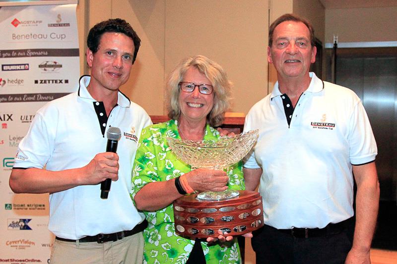Micah Lane (L) and Graham Raspass (R) award the 2017 Beneteau Cup to Kim Clinton. The 2018 Beneteau Cup is on October 26, BTW photo copyright Alex McKinnon taken at Cruising Yacht Club of Australia and featuring the Beneteau class