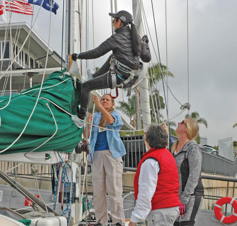 Students learn about hoisting a crewmember aloft at the Sailing Convention for Women photo copyright Sailing Convention for Women taken at Bahia Corinthian Yacht Club and featuring the Cruising Yacht class