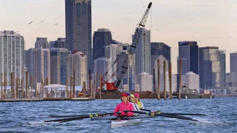 Miami Marine Stadium basin, where the city is proposing to add a mooring field, which could interfere with rowers and others who use the basin and the natural wildlife area surrounding it. Here, members of the Miami Rowing Club practice in the basin photo copyright Carl Juste taken at  and featuring the Cruising Yacht class
