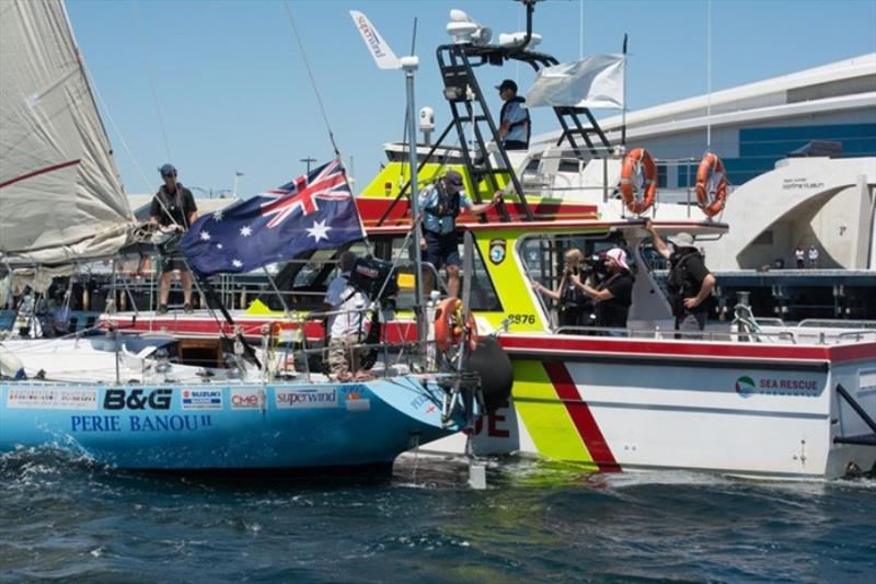 Sea Rescue aids in transfer of crew and media to and from Peri Banou II as Jon sails to the Royal Perth Yacht Club pontoons photo copyright Port Officer David Hayes taken at  and featuring the Cruising Yacht class