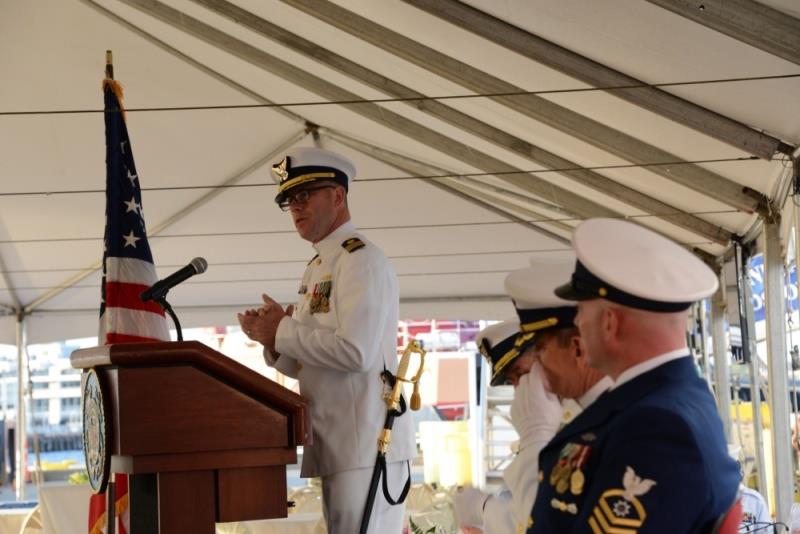 Cmdr. Alan B. McCabe, outgoing Commanding Officer of Coast Guard Cutter Seneca, speaks during the change of command ceremony, Thursday, May 24, 2018, in Boston, Massachusetts photo copyright U.S. Coast Guard / Lara Davis taken at  and featuring the Cruising Yacht class