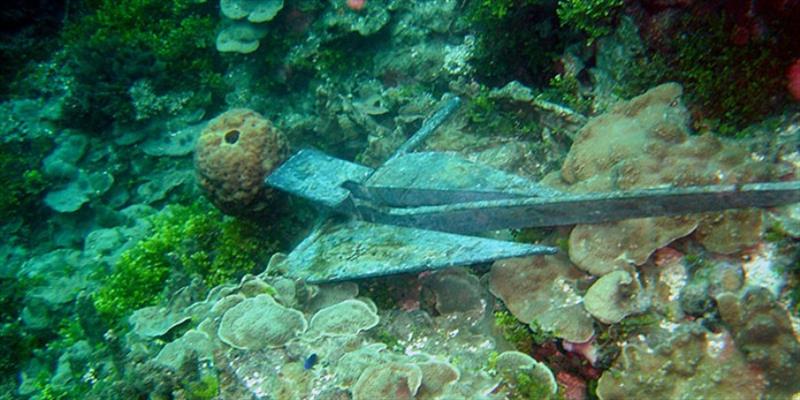 An anchor lodged in a bed of coral. Anchoring on a reef can break or dislodge corals and cause lasting, irreversible damage - photo © NOAA Fisheries