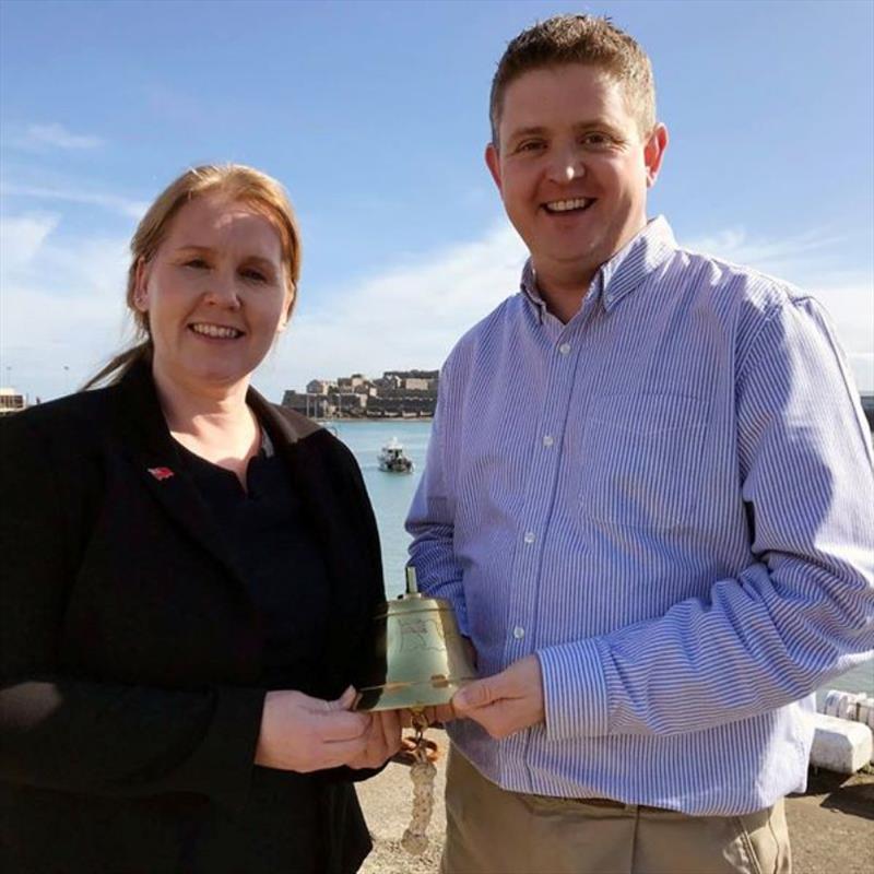 Bell has arrived on Guernsey to be handed over to the co-chair Chad Murray by Sarah Stride, administrator on behalf of the MCA for this year's REG Conference photo copyright Maritime and Coastguard Agency taken at  and featuring the Cruising Yacht class