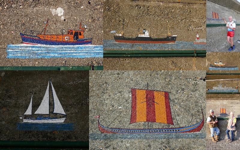 Paintings from the history of the Wicklow Wharf with the artist / postman - photo © SV Taipan