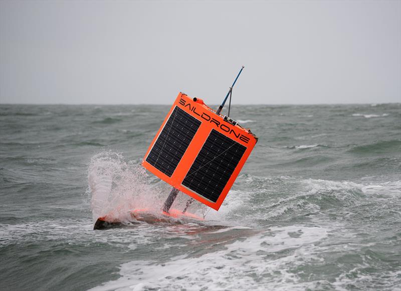 SD 1020 approaches Point Bluff, New Zealand, in stormy conditions after finishing the First Saildrone Antarctic Circumnavigation, sailing 22,000 kilometers around the Southern Ocean in 196 days photo copyright Saildrone taken at  and featuring the Cruising Yacht class