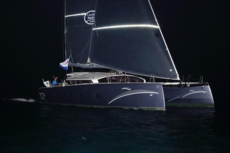 At 00:52:47 on Friday 6th December, Rodney Bay welcomed the first arrival of ARC 2019, French flagged Marsaudon TS5 Hallucine. Credit:  photo copyright Tim Wright / photoaction.com taken at  and featuring the Cruising Yacht class