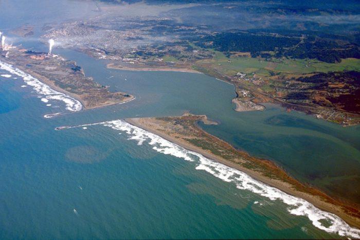Aerial photo of the entrance to Humboldt Bay/Eureka CC BY SA 3.0 photo copyright Rob Murray taken at  and featuring the Cruising Yacht class