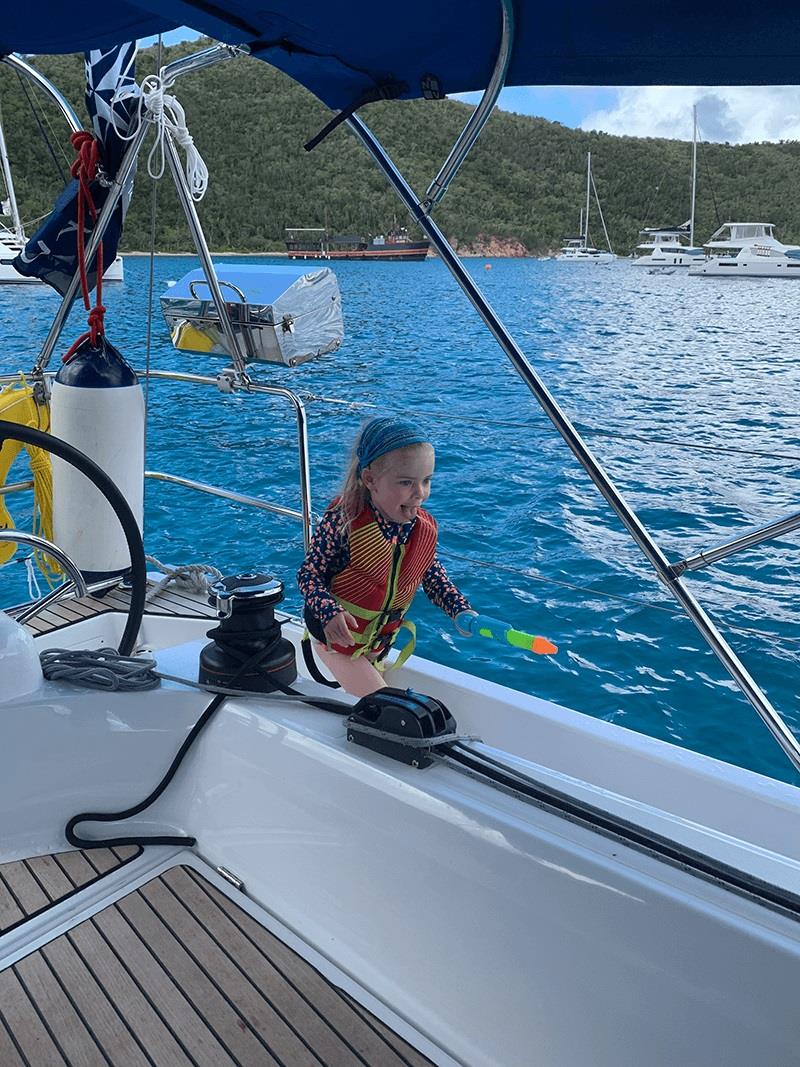The walk around decks made it easy for the girls to get on and off the boat. Also... a water gun fight photo copyright Catherine Guiader taken at  and featuring the Cruising Yacht class