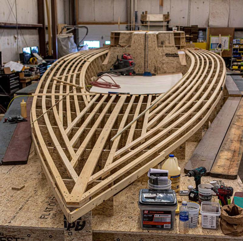 LM46 - Longitudinals over the deck form panels begin to define the deck and cabintop shape photo copyright Lyman-Morse Boatbuilding taken at  and featuring the Cruising Yacht class