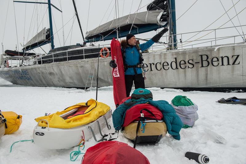 Mike Horn preparing to leave Pangaea and travel on ice with Borge Ousland to the North Pole photo copyright Dmitry Sharomov taken at New York Yacht Club and featuring the Cruising Yacht class