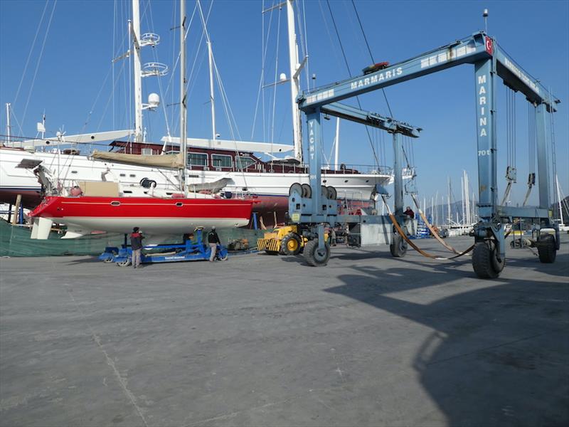 The crane ready to lift us back into the water photo copyright SV Red Roo taken at  and featuring the Cruising Yacht class