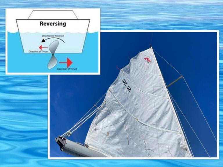 Top: Diagram of the forces involved in prop walk and how they relate to the direction of the prop rotation (permission to use this diagram given on Oct 12, 2023 by coastalboating.net; Bottom: dropping the mainsail downwind can be a challenge - photo © Brian Short