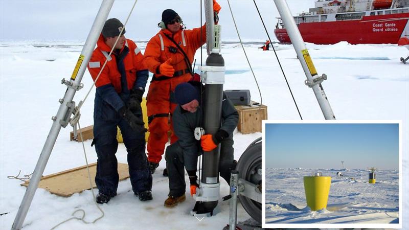 WHOI researchers Kris Newhall (left) and Rick Krishfield (right) and Brian McKenzie set up an Ice-Tethered Profiler to monitor Arctic conditions. (Inset) The plug-like top of an ITP sits atop an ice floe in the Beaufort Sea photo copyright Gary Morgan and John Kemp / Woods Hole Oceanographic Institution taken at  and featuring the Environment class