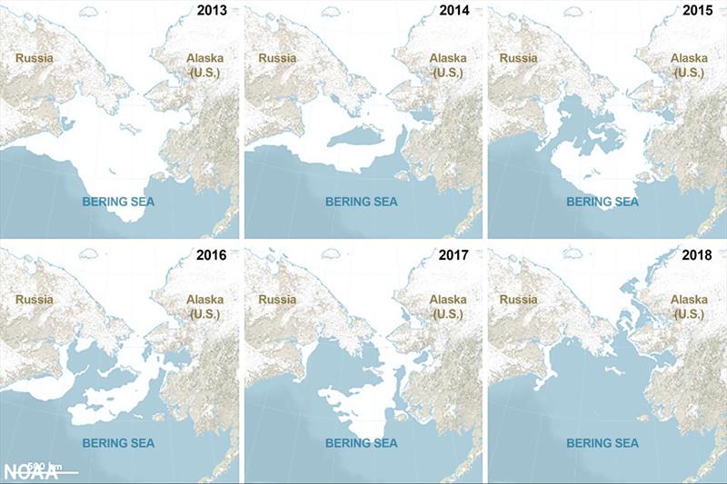 Using data from the National Snow and Ice Data Center, this time series shows the maximum ice extent in the Bering Sea during April for the years 2013 through 2018. The year 2018 set the record for the least amount of sea ice dating back to 1850 - photo © NASA Earth Observatory, Joshua Stevens