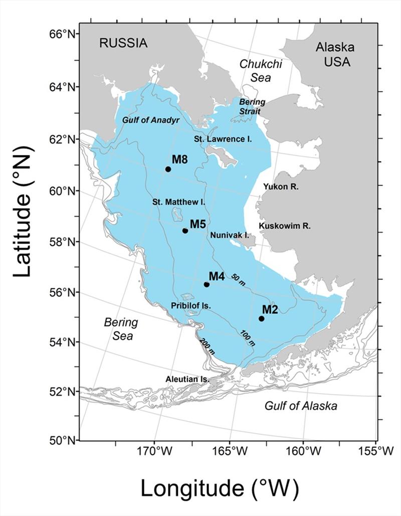 Map of the Bering Sea, showing the mooring (M2, M4, M5 and M8) locations and the study area (blue, bottom depth 20-200 m) - photo © NOAA Fisheries