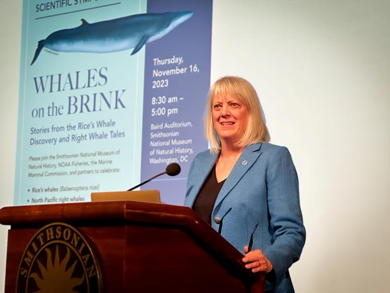 NOAA's Assistant Administrator for Fisheries Janet Coit, opened the event Whales on the Brink: Stories from Rice's Whale Discovery and Right Whale Tales, on November 16, 2023 at the Smithsonian Museum of Natural History photo copyright NOAA Fisheries taken at  and featuring the Environment class