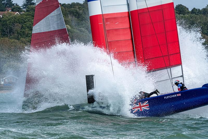 SailGP Team GBR bear away at the top mark and bury their bows. Race Day. Event 4 Season 1 SailGP event in Cowes, Isle of Wight, England, United Kingdom photo copyright Chris Cameron for SailGP taken at  and featuring the F50 class