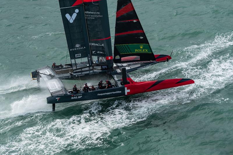 Switzerland SailGP Team helmed by Nathan Outteridge in action during a practice session ahead of the ITM New Zealand Sail Grand Prix in Christchurch, New Zealand photo copyright Ricardo Pinto for SailGP taken at  and featuring the F50 class