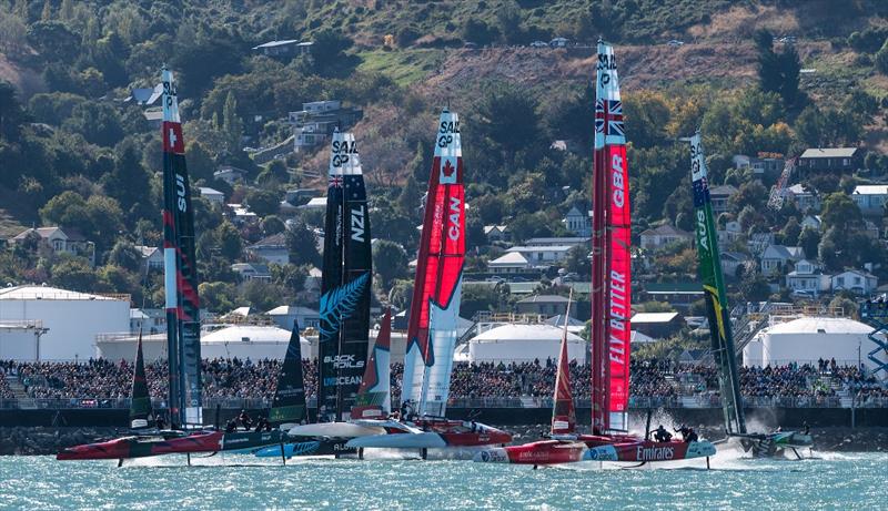 The SailGP F50 catamaran fleet in action on Race Day 2 of the ITM New Zealand Sail Grand Prix in Christchurch, New Zealand photo copyright Ricardo Pinto for SailGP taken at  and featuring the F50 class
