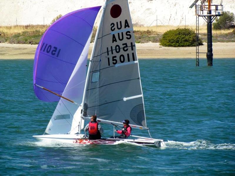 Jalina Thompson-Kambas and Chris Derrick concentrating hard at the Fireball South Australia State Championship photo copyright Michelle Thompson taken at Port River Sailing Club and featuring the Fireball class