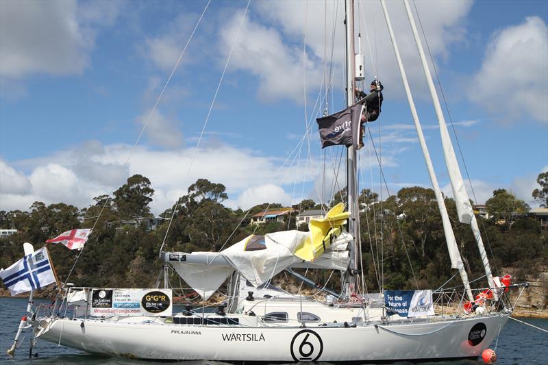 Tapio Lehtinen spent 36 hours anchored at the Hobart Film Gate making running repairs to his boat and rig in the Golden Globe Race photo copyright Jessie Martin / PPL / GGR taken at  and featuring the Golden Globe Race class
