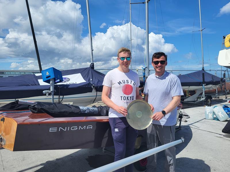 Sam and Luke win the Race 1 Downer Plate at the GP14 Leinster Championships photo copyright Andy Johnston taken at Royal Irish Yacht Club and featuring the GP14 class