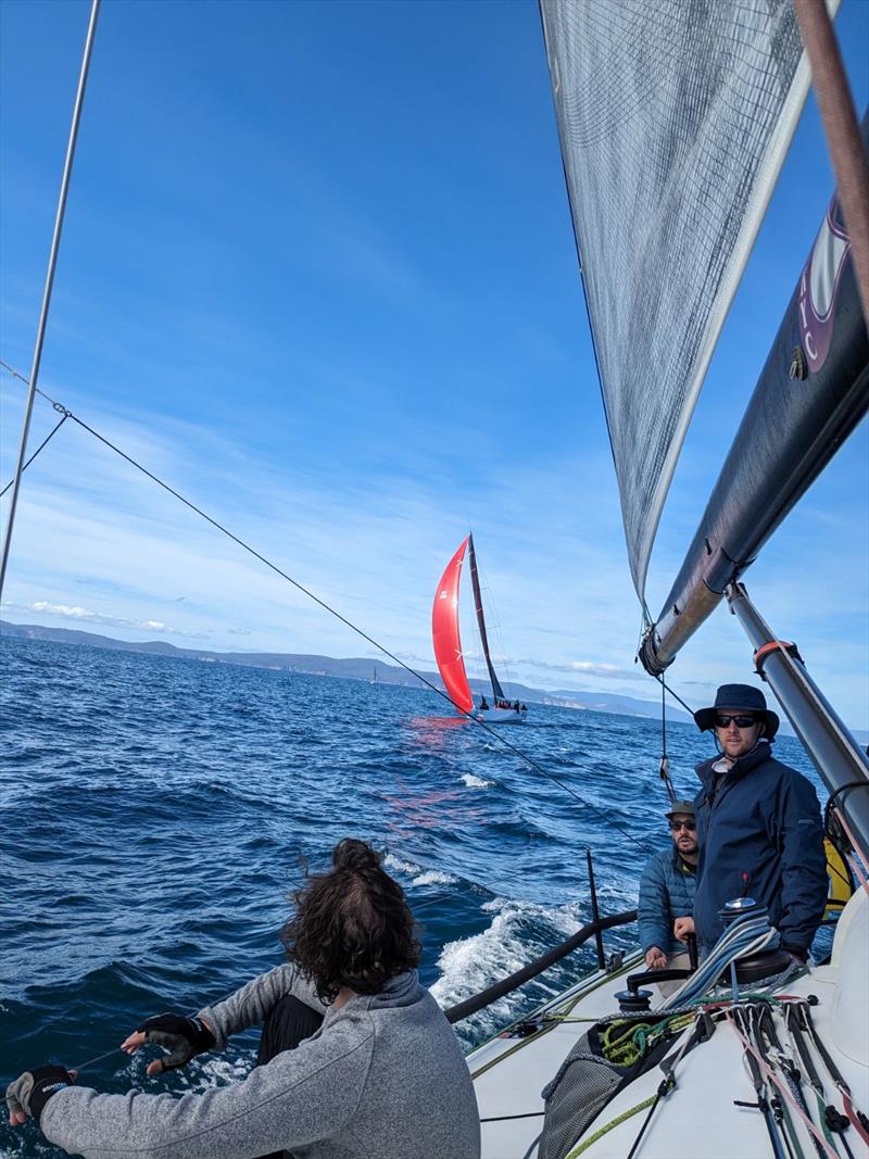 Hobart Combined Clubs Long Race Series Race 5: View from Jazz Player to Porco Rosso coming down the run home photo copyright Gus McKay taken at Derwent Sailing Squadron and featuring the IRC class