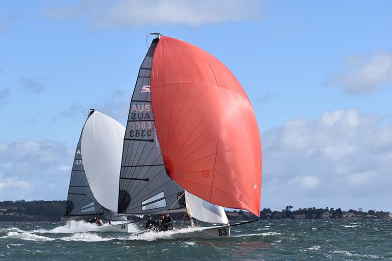 Rebellion (Stephen Catchpool) chasing down Delphinus (Nick McElwee) in the SB20 Australian Championship photo copyright Jane Austin taken at Port Dalrymple Yacht Club and featuring the SB20 class