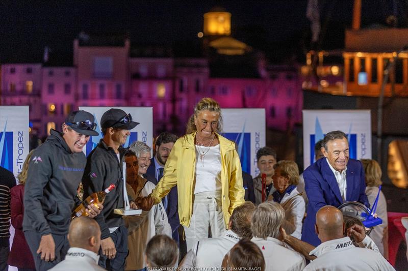 The Maxi 2 podium with Cannonball represented by Madina Ferrari, plus Nick Rogers and Harry Esson from North Star and Sir Lindsay Owen-Jones, owner of Magic Carpet Cubed photo copyright Gilles Martin-Raget taken at Société Nautique de Saint-Tropez and featuring the Maxi class