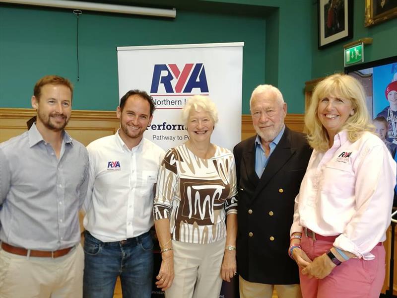 (l-r) Peter Thornton, Clipper Skipper 2015/16.  Richard Honeyford,  RYA;NI Chief Operating Officer.  Dame Mary Peters, Olympic gold medallist.  Sir Robin Knox-Johnston, founder and Chairman of the Clipper Race. Jackie Patton, RYA;NI Chair photo copyright Emma Blee taken at 