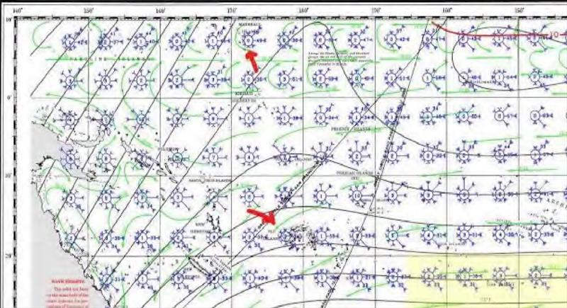 A zoomed in portion of the pilot chart.  The red arrows show our start and intended finish locations.  The blue circles with spokes show the average winds and directions while the green arrows are the average currents photo copyright Island Cruising NZ taken at 