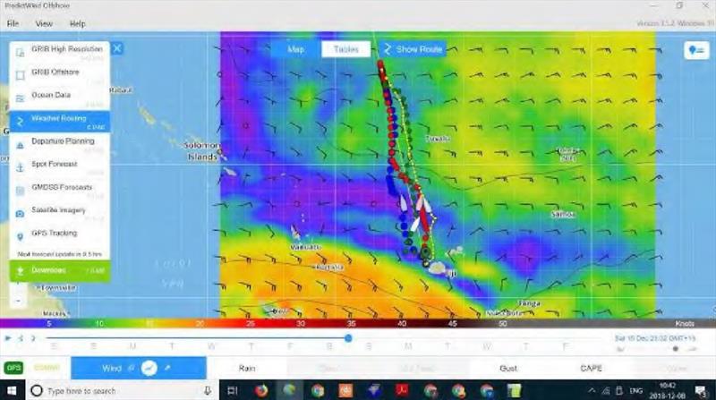 Here is a screenshot of the forecast winds according to GFS along with recommended routings based on the four weather models.  Looks like nice light sailing near Tuvalu until you look at the next chart photo copyright Island Cruising NZ taken at 