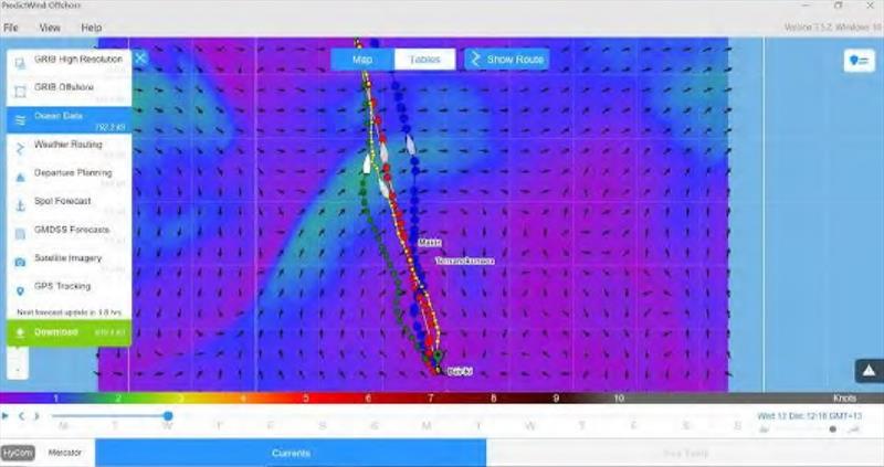 Here is the ocean current data. The HyCom model, associated with the GFS wind forecast, is shown here. The light green area at the green boat (GFS routing) is forecast to have 1.7 kts of current.  That is a nice boost with a boat speed of 6 kts. - photo © Island Cruising NZ