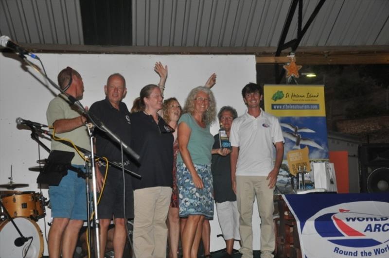 The crew of the Emily Morgan are pleased to receive one of the Secrets of the South Atlantic' on Thursday (24th January) during the presentation night.  It was a bottle of Jamestown Gin from the world's most remote distillery.  - photo © Vince Thompson / St Helena Independent
