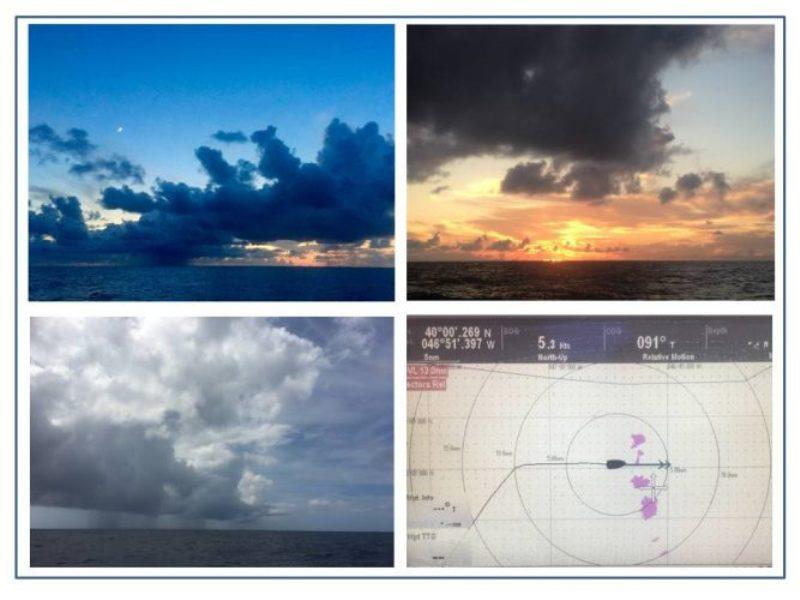 Sunset with a massive squall on the horizon. No green flash, but the sunsets were incredible each evening. A Radar plot showing a squall line and the actual squalls to the left photo copyright Rod Morris taken at 