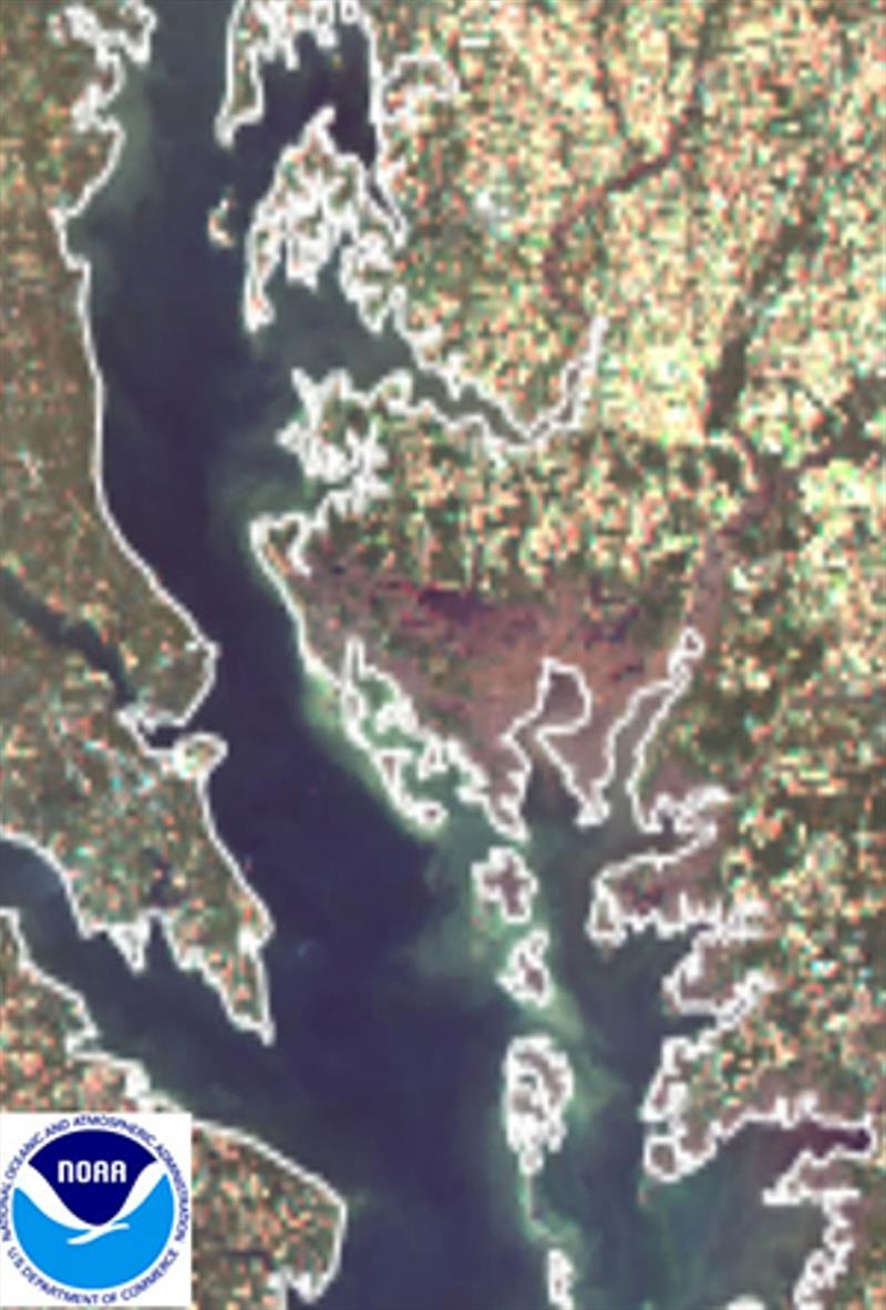 Satellite images of land and water photo copyright NOAA Fisheries taken at 
