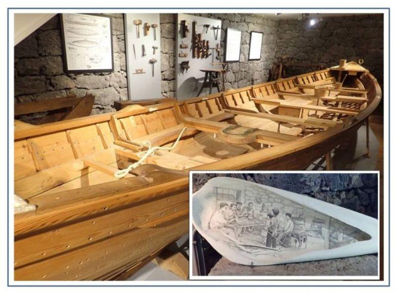 A beautiful replica of an Azorean whaling boat under construction at The Whaling Museum in Lajes Do Pico. The insert shows a scrimshaw on the inside of a whale bone that is well over 1m long. - photo © Rod Morris