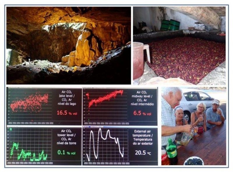 Cave in volcanic core at Furna do Enxofre on Graciosa Island. Grapes in vat ready to be crushed, by foot of course. Sampling last year's vintage. Monitors showing concentration of CO2 and air temperatures at various levels in the Furna do Enxofre cave. - photo © Rod Morris