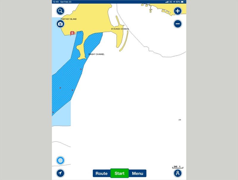 ‘Navionics' or ‘Government' chart view. Note lack of soundings, extent of reef shown with dotted line. Extent of reef much smaller than in the Google Earth image photo copyright Rob Murray / BCA taken at 