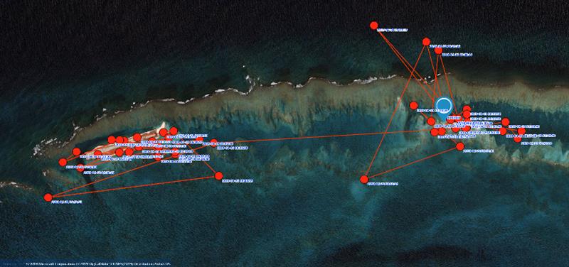 Satellite track of Motherload's activity at Tern Island (left side) and the former location of Trig Island (upper right) at French Frigate Shoals in the Northwestern Hawaiian Islands. - photo © NOAA Fisheries