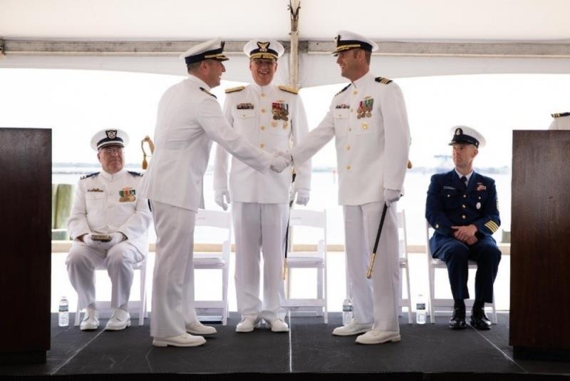 Atlantic Area Comm. VADM Buschmann presides over Change-of-Command ceremony as Cmdr. Michael Nalli relieves Capt. Michael Turdo as Comm. Officer of Escanaba. Under new command, crew patrolled Caribbean Sea to conduct drug & migrant interdiction operations - photo © Lt. j.g. Brianna Grisell / U.S. Coast Guard
