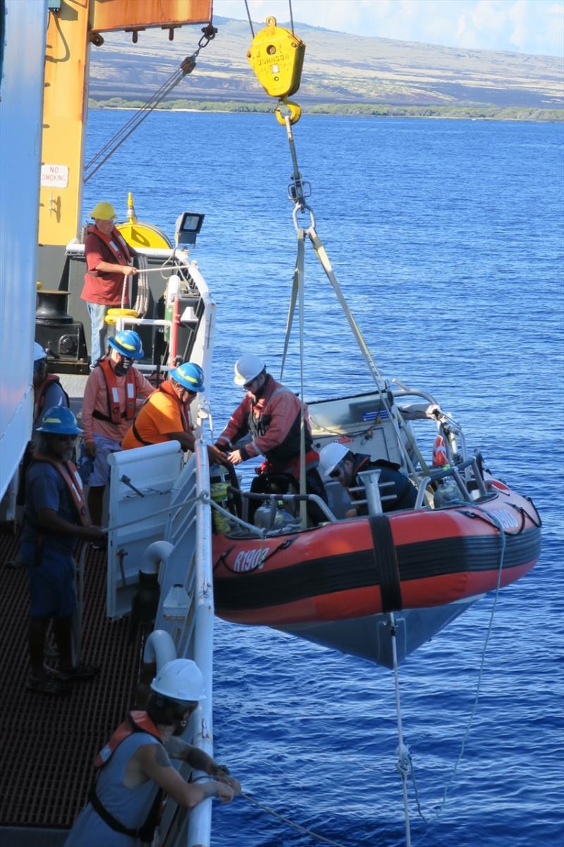 It takes coordination from a lot of people to get our survey work done. Here, the deck crew tends lines as the crew, scientists, and dive chamber operators load one of the small boats. Everyone pitches in to make sure our mission is a success! - photo © NOAA Fisheries / Kaylyn McCoy