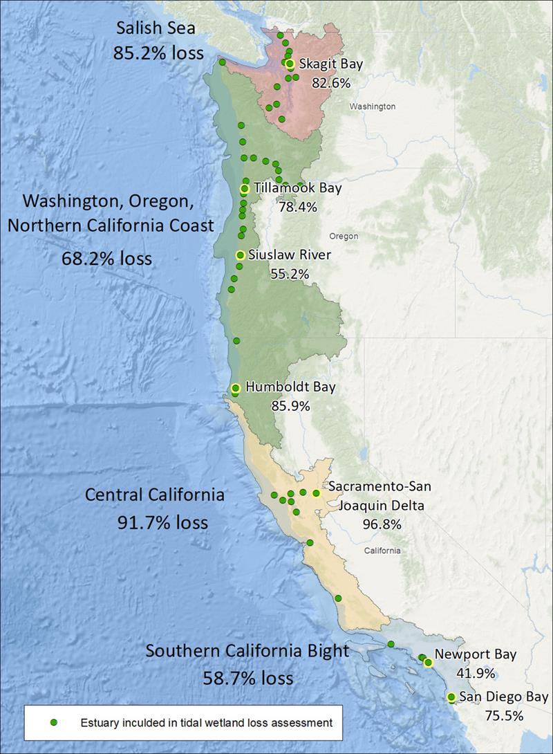 Map showing the percentage of lost habitat for select major West Coast estuaries photo copyright NOAA Fisheries taken at 