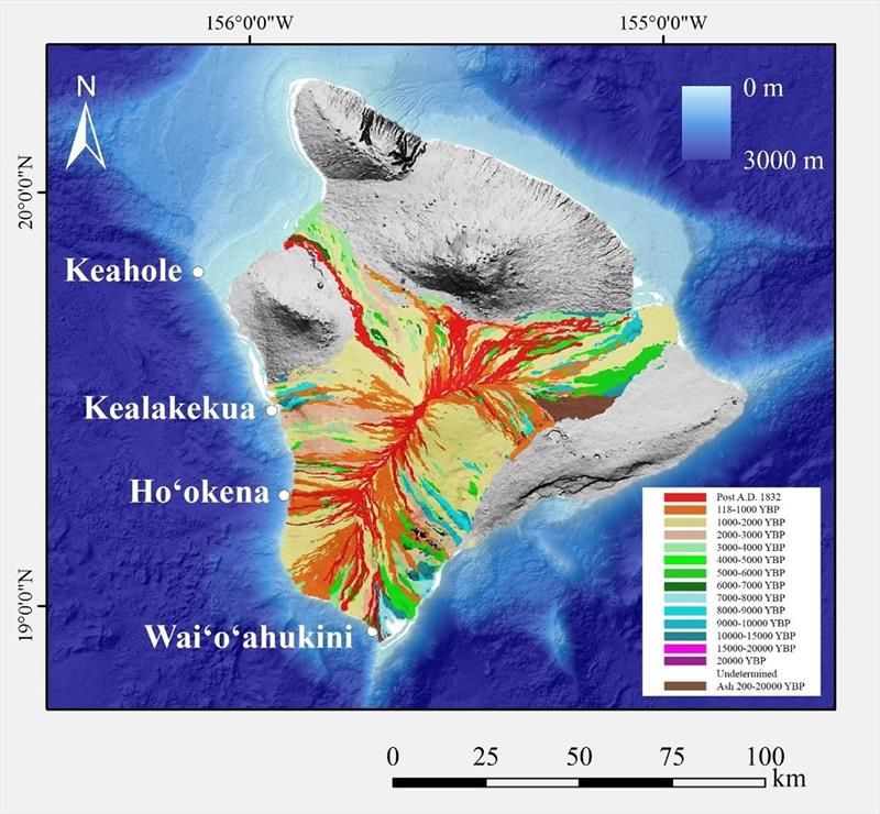 Boundaries of Mauna Loa lava flows on the island of Hawaii with age (YBP) shown in color. Colors range from oldest in purple to most recent in red. Labeled place names indicate the general location of the four deep-water coral survey sites photo copyright NOAA Fisheries taken at 