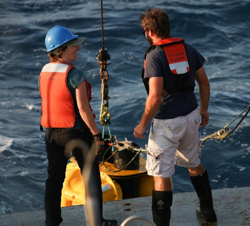 Recovery of a HARP, or High frequency Acoustic Recording Package, during the 2019 survey. Three of these instruments had been on the seafloor collecting data for a year photo copyright NOAA Fisheries taken at 