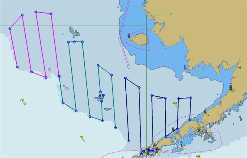 Planned Saildrone survey transects. The colors indicate the tracks of different Saildrones. - photo © NOAA Fisheries