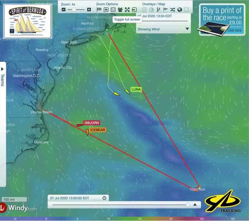 YB trackers show the positions, tracks and wind fields on the North and West legs of the course. This image is from 13 EDT today, 22 hours into the race - Spirit of Bermuda Charity Rally photo copyright Sailing Yacht Research Foundation taken at 