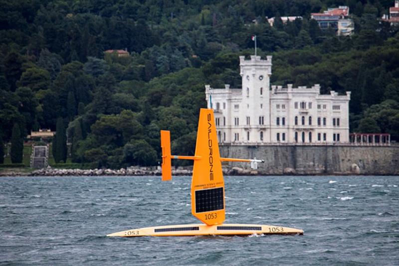 A close up shot of Miramare Castle and SD 1053. The two ATL2MED saildrones sailed several laps around the Miramare ocean station, which is just 600 meters (1,968 feet) off shore from the castle. - photo © Istituto Nazionale di Oceanografia e Geofisica Sperimentale – OGS