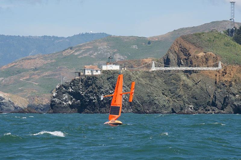 SD 1043 sails past the Point Bonita lighthouse in May on its way to the Bering Sea for the 2020 AFSC Alaska pollock survey photo copyright Saildrone taken at 
